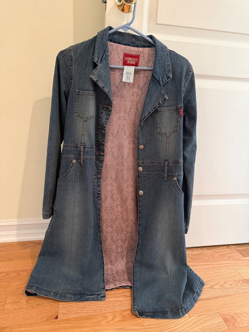GUESS Blue Denim Coat with Pink Lace-Look Lining